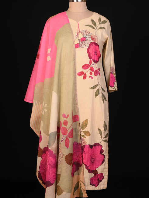 Beige Thread Work Cotton Kurti Set